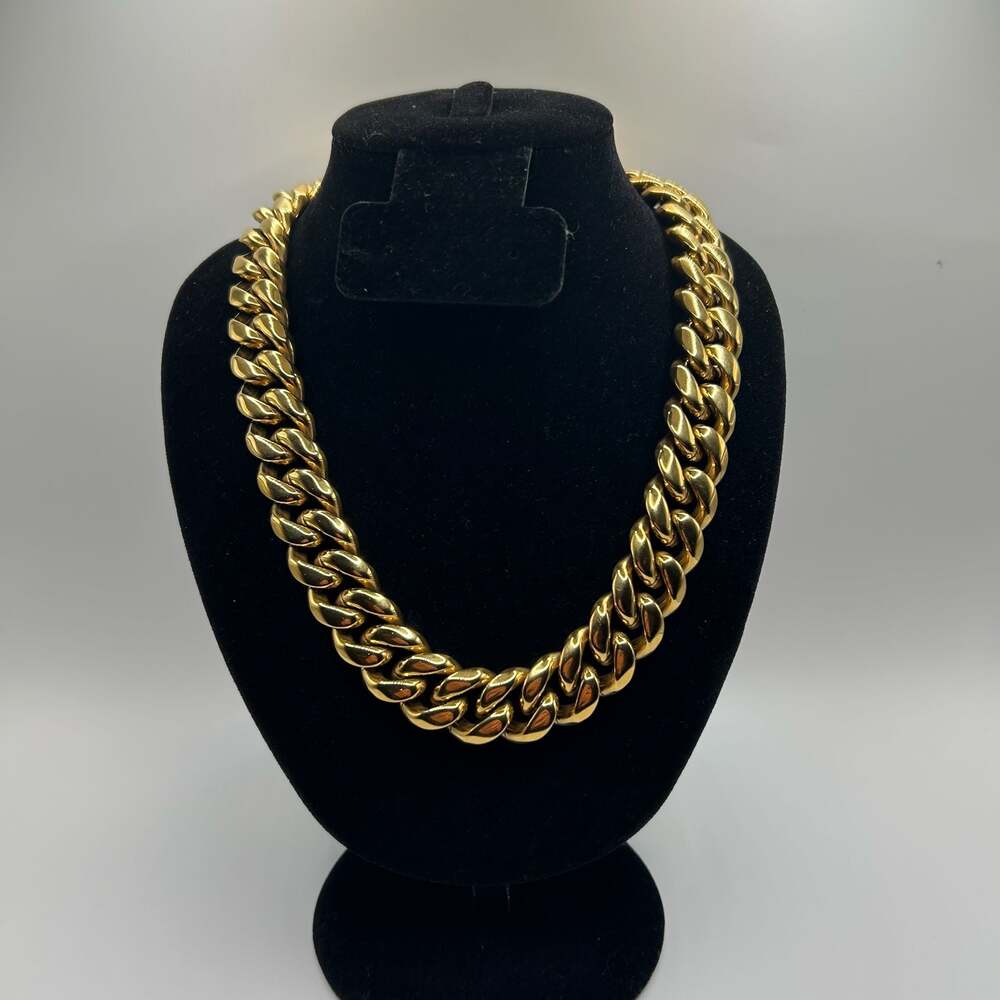 18mm Real Gold Plated Cuban Chain Stainless Steel 22 Inch Mens Solid Waterproof